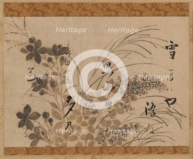 Flowers, grasses, and a poem, Edo period, 1615-1637. Creator: Hon'ami Kôetsu.