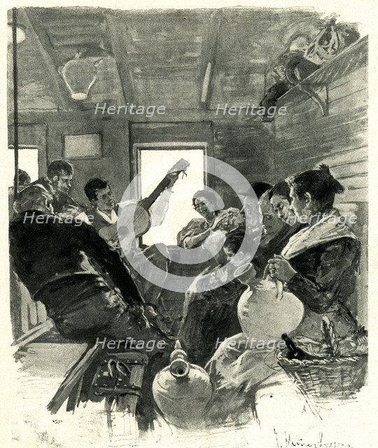 Scene inside a car in a Spanish train, snack and revelry, engraving, 1896.