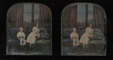 [Stereograph, Two Children Standing Between Furniture in a Studio Parlor Setting], ca. 1855. Creator: Antoine Francois Jean Claudet.