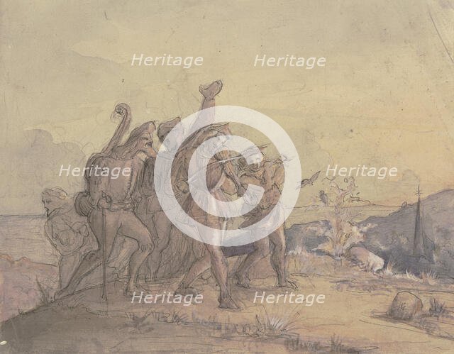 A group of musicians wanders through a landscape, mid-19th century. Creator: Victor Muller.