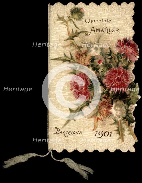 Die-cut Pocket Calendar in Modernist style, published by Amatller Chocolates Factory, 1901.