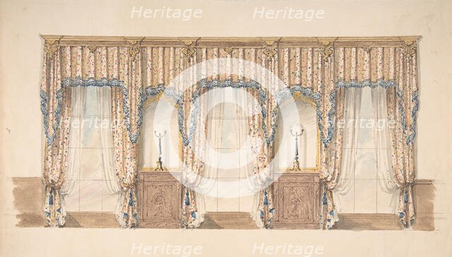 Design for Pink, Gold, Blue and White Curtains with Blue Fringes and a Gold..., early 19th cent. Creator: Anon.