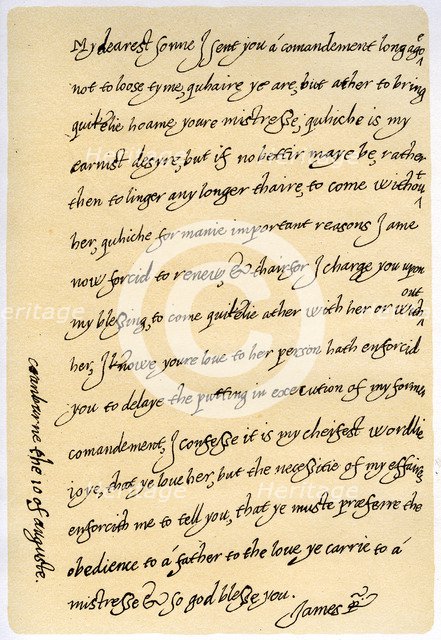 Letter from James I to his son, Charles, Prince of Wales, 10th August 1623.Artist: King James I