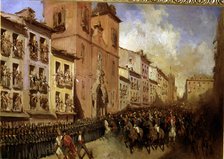  'Walk of the Dukes of Montpensier by Montera street of Madrid' oil on canvas by Pharamond Blanch…