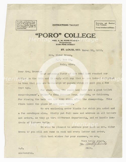 Letter to Lucille Brown from Annie Malone Pope-Turnbo, March 25, 1915. Creator: Unknown.