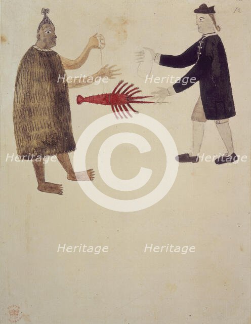 A Maori bartering a crayfish with an English naval officer. 1769.  Creator: Sydney Parkinson.