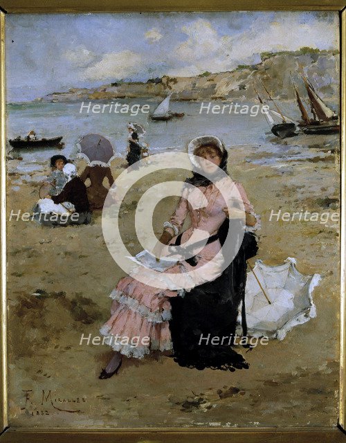 On the Beach' by Francisco Miralles, oil, 1882.