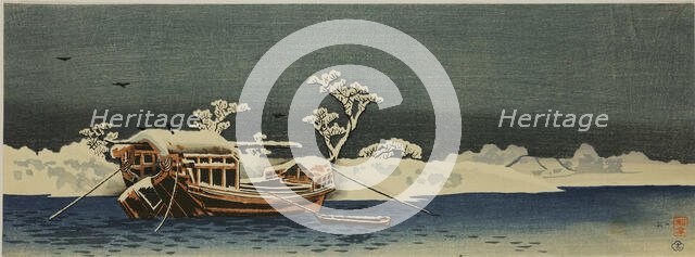 Boat on a river in snowy weather, before 1910. Creator: Takahashi, Hiroaki (1871-1945).