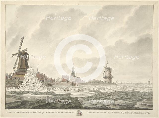 View of the ice, piling up on and against the parapet behind the Runmolen...1799, (1807).  Creator: Cornelis de Jonker.