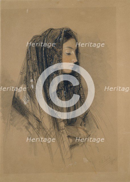 Head of an Italian Girl in a Mantilla, 1838. Artist: John Frederick Lewis.