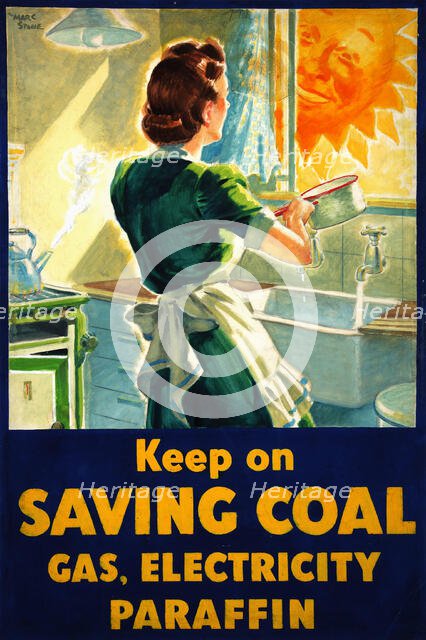'Keep on saving coal, gas, electricity, paraffin', World War II poster, between 1939 and 1946. Creators: Central Office of Information, Marc Stone.