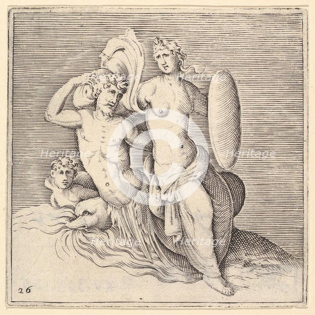 Woman with Shield Seated on Seamonster, published ca. 1599-1622. Creator: Unknown.