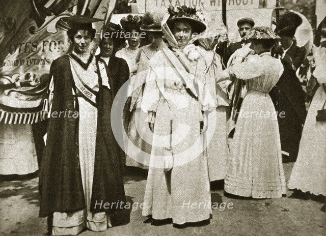Emmeline Pethick-Lawrence and Emmeline Pankhurst, British suffragettes, 1908.  Artist: Central News