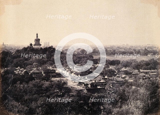 Beijing, China: the Buddhist temple surrounded by gardens and low buildings, during the..., 1860. Creator: Felice Beato.