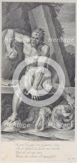 Plate 7: the blinded Polyphemus, guarding the entrance of his cavern, with Ulysses and his..., 1756. Creators: Bartolomeo Crivellari, Domenico Maria Fratta.