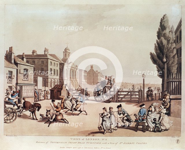'Entrance of Tottenham Court Road Turnpike, with a view of St James's Chapel', 1798. Artist: Heinrich Schutz