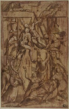 Deposition, with Saint Francis of Assisi and Another Male Saint (Stephen?), c. 1576. Creator: Simone De Magistris.