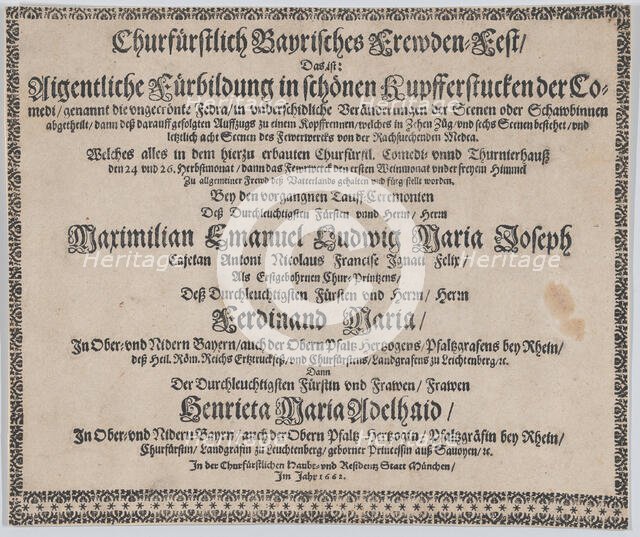 Text to accompany plate illustrating the fireworks display celebrating the birth of Prince..., 1662. Creator: Mathäus Küsel.