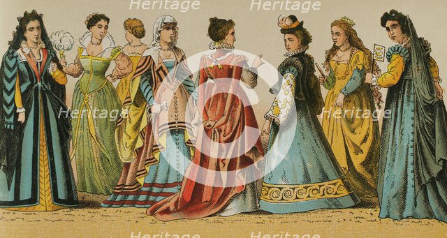 History of Italy: Madam's dresses, 1500-1600, (1881).  Creator: Unknown.