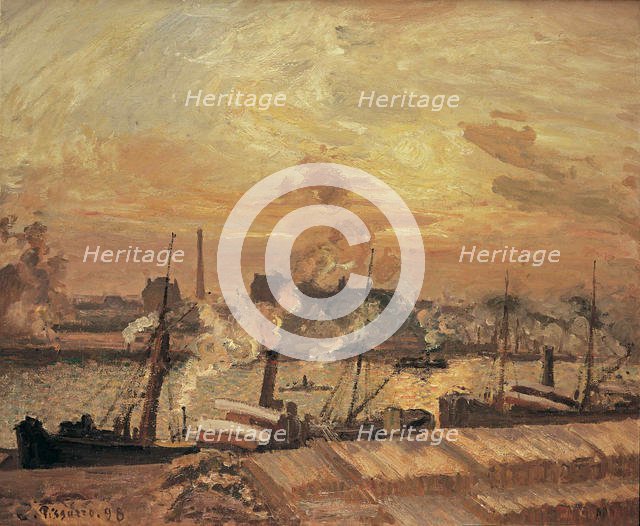 Déchargement de bois, quai de la Bourse, coucher de soleil, 1898. Creator: Pissarro, Camille (1830-1903).