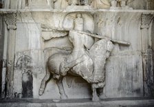 King Khosrow II riding his horse Shabdiz, Taq-e Bostan, Iran, 4th century, (1994).  Creator: Unknown.