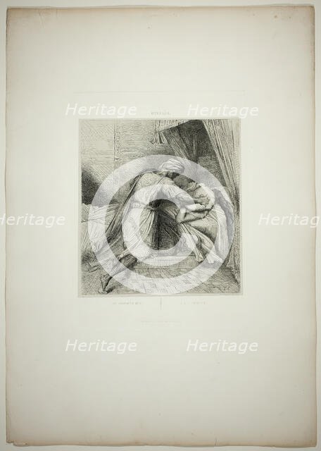 He Smothers Her, plate thirteen from Othello, 1844. Creator: Theodore Chasseriau.