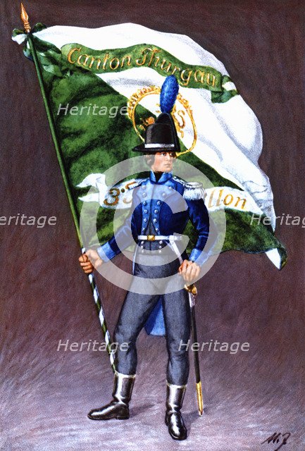 Flag bearer from the canton of Thurgovie, c. 1805. Color engraving from 1943, published by Editio…