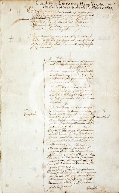 Opening page of the catalogue of manuscripts in Cotton's library, 1621. Creator: Unknown.