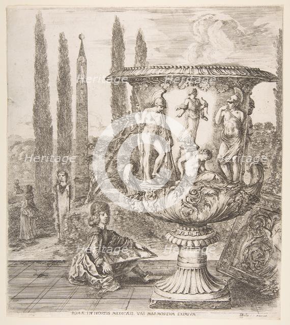 The Medici vase, a large vase to right decorated with a representation of the sacrifice of..., 1656. Creator: Stefano della Bella.