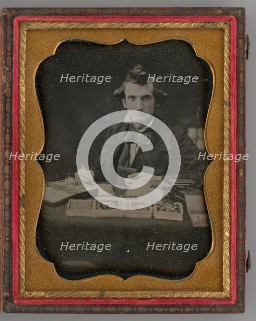 Untitled (Portrait of Seated Man Holding a Daguerreotype and Brush), 1865. Creator: Samuel J. Miller.