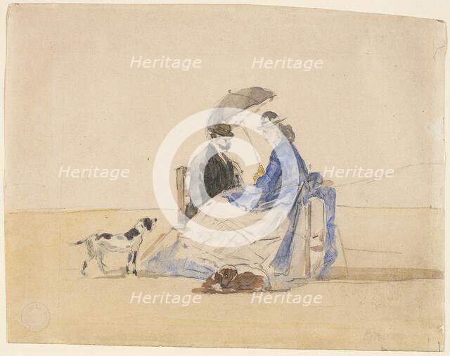 A Couple Seated on the Beach with Two Dogs, c. 1865. Creator: Eugene Louis Boudin.