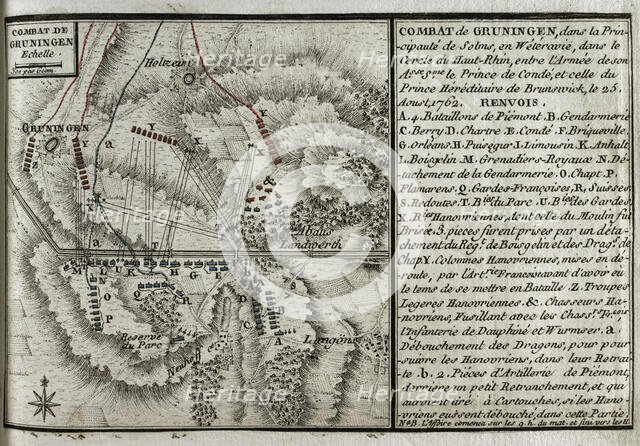 Seven Years War (1756-1763): Map of the Combat of Grüningen (25 August 1762), 1765. Creator: Jean de Beaurain.