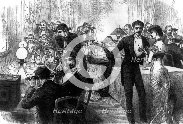 Telephone party, 1882. Artist: Unknown