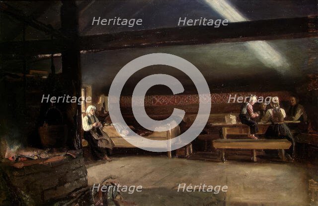 Farm Interior at Vikoy, 1873. Creator: Adolph Tidemand.