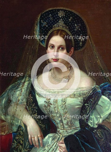 Portrait of a woman in the Russian court dress, ca 1835. Artist: Orlov, Pimen Nikitich (1812-1863)