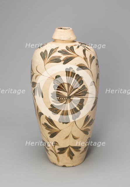 Elongated Bottle Vase (Meiping) with Peony Sprays, Jin dynasty (1115-1234), 12th/13th century. Creator: Unknown.