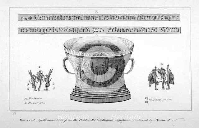 Depiction of a mortar from the Apothecaries' Hall, including inscription, 1789.  Artist: Anon