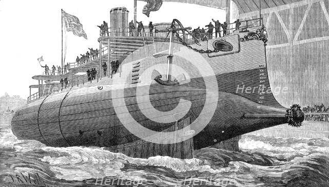 Launch of H.M.S. Polyphemus, new torpedo ram, at Chatham Dockyard, 1881. Creator: Unknown.