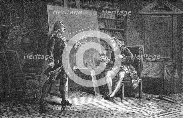 Jean and Jacques Bernoulli working on geometrical problems, 18th century, (1874). Artist: Unknown