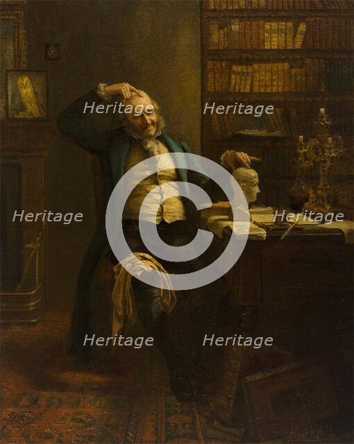 A phrenologist comparing his own head with a phrenological bust, (1900?). Creator: Albert William Holden.