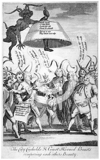 'The City cuckolds & Court horned beasts comparing each other's beauty', 1770. Artist: Anon