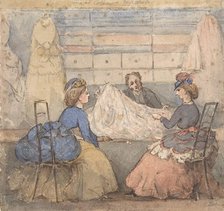 Two Women Looking at Fabric in a Shop, 19th century. Creator: Anon.