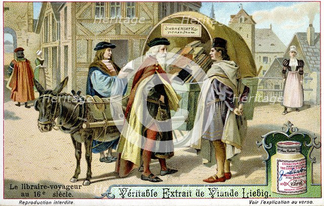Itinerant 16th century bookseller with covered donkey cart full of books, late 19th century. Artist: Unknown
