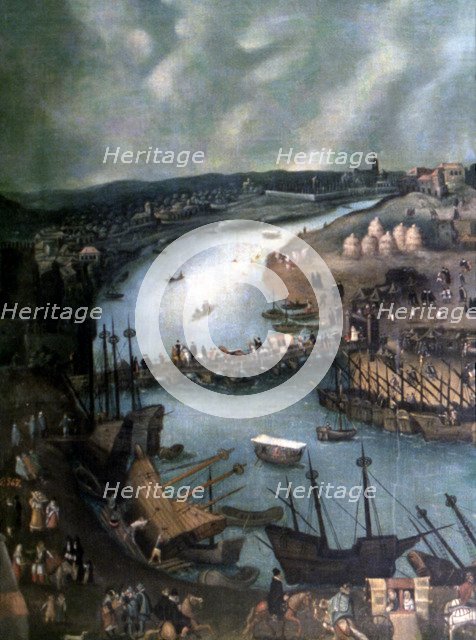 View of Seville, detail of the left side. Oil work by Sanchez Coello.