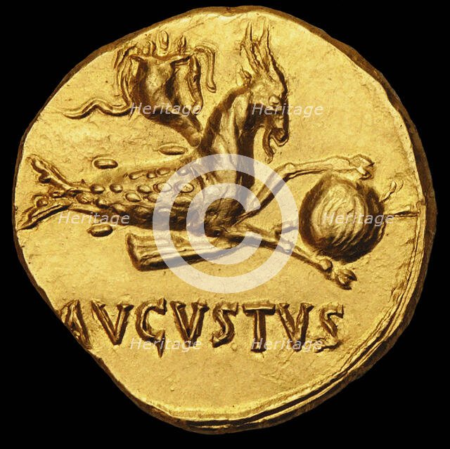 Aureus of Emperor Augustus. Reverse: Capricorn Holding a Globe, c18-17 BC. Creator: Numismatic, Ancient Coins .