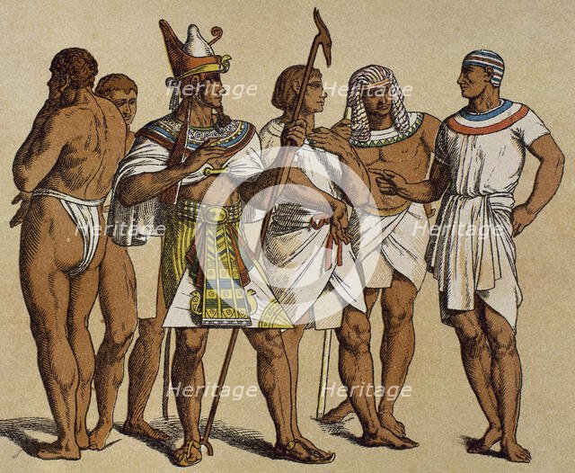 Pharaoh wearing the pschent or double crown with public servants, Old Kingdom, Egypt.  Creator: Unknown.