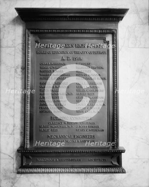 Northwestern High School, plaque in entrance, Detroit, Mich., ca 1911. Creator: Unknown.