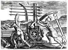 Roman soldiers using a war engine firing multiple arrows, 1605. Artist: Unknown