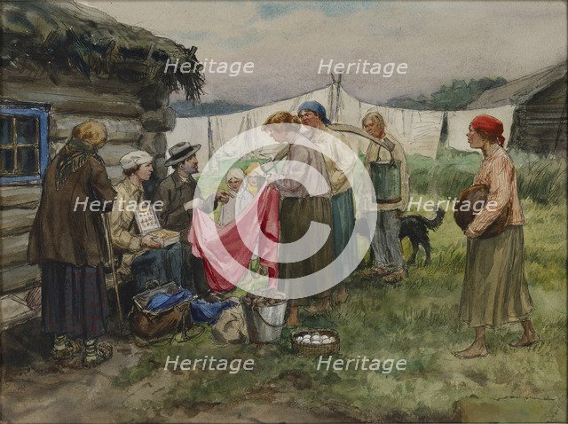 Hungry years in Petrograd. Changing merchandise for provisions in a village near a railway station, 