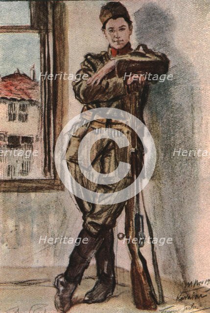 'En Macedoine; Slavka Tomitch, sergent, femme serbe mobilisee', 1916. Creator: Almery Lobel Riche.